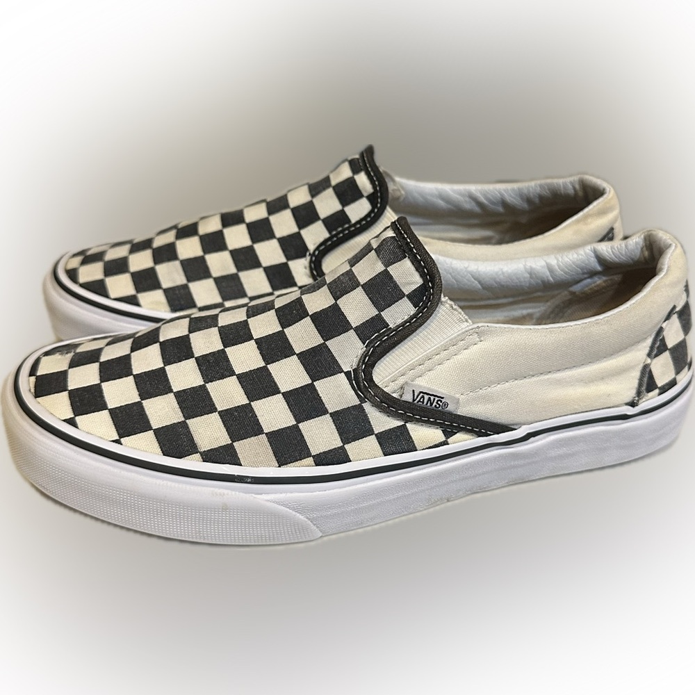 VTG VANS CLASSIC BLACK WHITE CREAM CANVAS CHECK CASUAL SLIP ONS LOAFERS 7.5M 9W